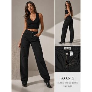 S.O.N.G Black Cargo Jeans Women Size 1/25 High Rise Utility Pants Y2K Grunge